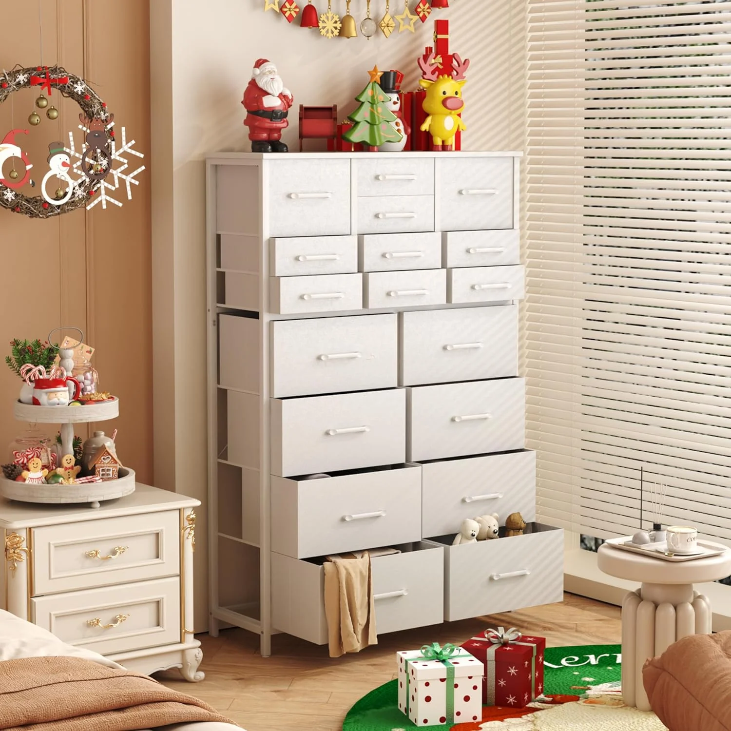 HOMEFORT 18 Drawer Dresser for Bedroom, 57" Tall Fabric Chest of Drawers, Large Capacity Storage Organizer Tower for Closet, Living Room, Hallway, Entryway, White