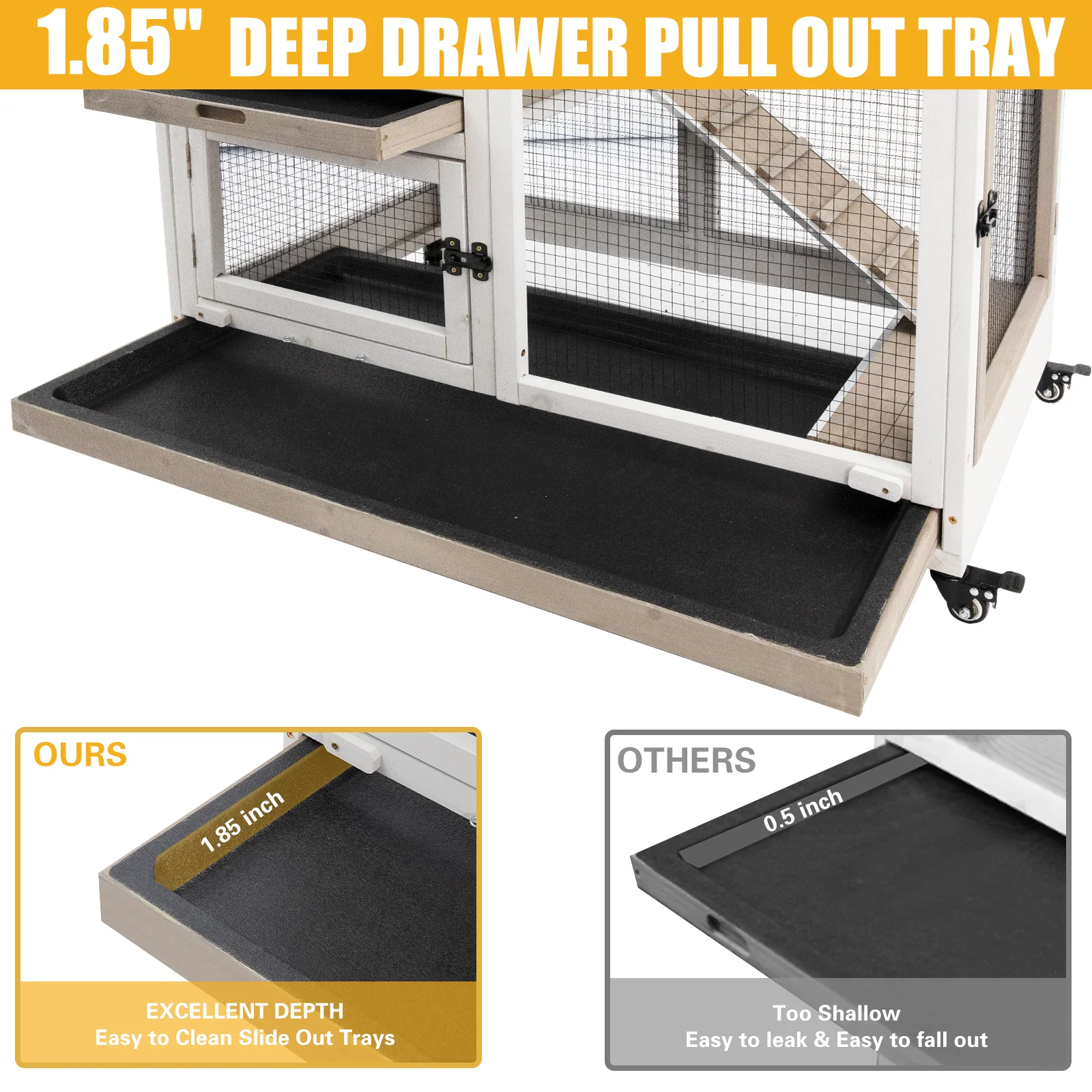 PETSCOSSET 40"L Rabbit Hutch Indoor Wooden Large Bunny Hutch Outdoor 2 Story Rabbit Cage on 4 Metal Wheels with Run and 2 Pull Out Trays UV Panel Guinea Pig Pet House for Small to Medium Animals