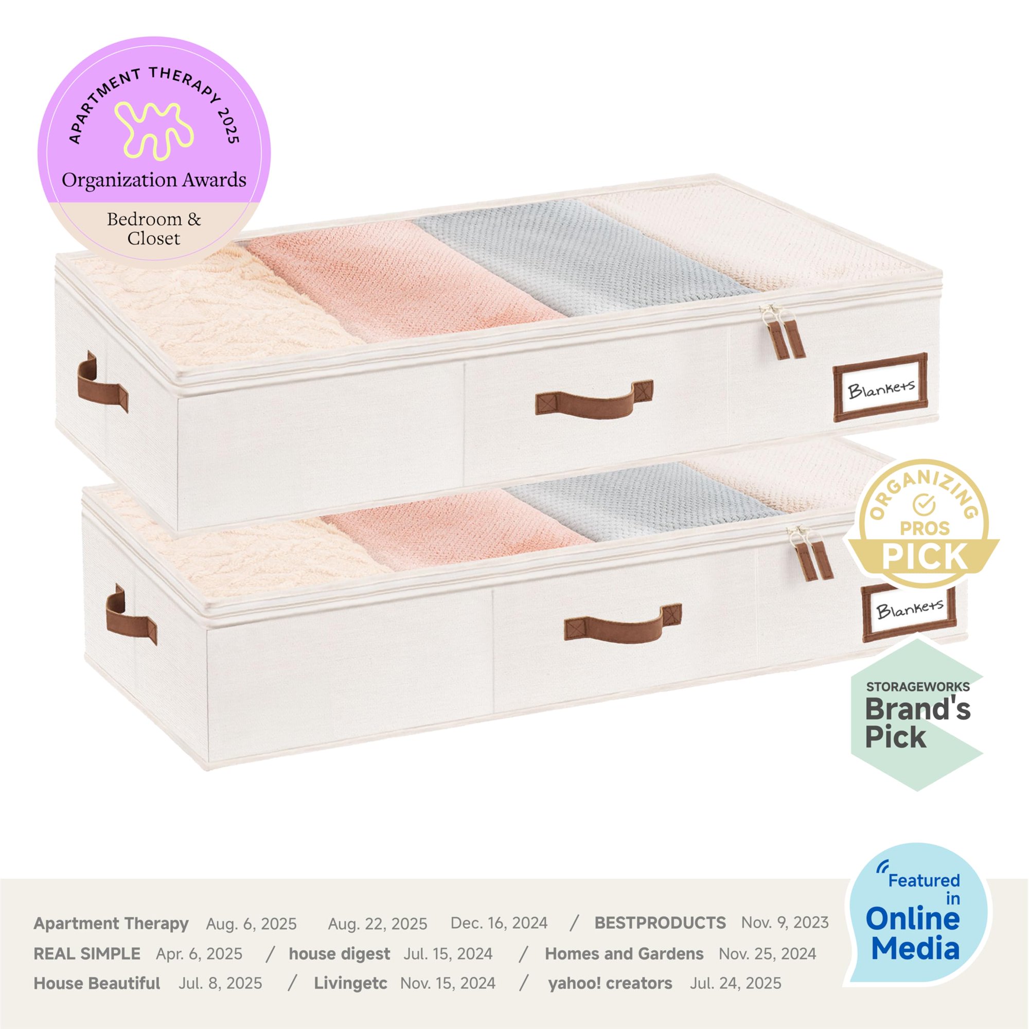 Foldable underbed storage bins, 2 pack fabric organizers with label holder, extra thick for clothes blankets shoes, easy carry handles, beige