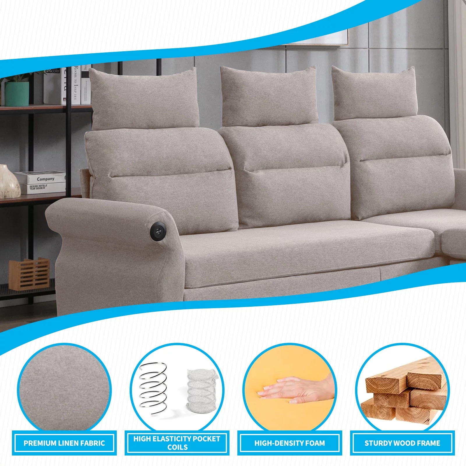 Mjkone L-Shaped Couch with Storage Ottoman and 2 USB Ports, Convertible Sectional Sofa Couch with Adjustable Armrest, Living Room Furniture Suitable for Apartment/Living Room,Beige