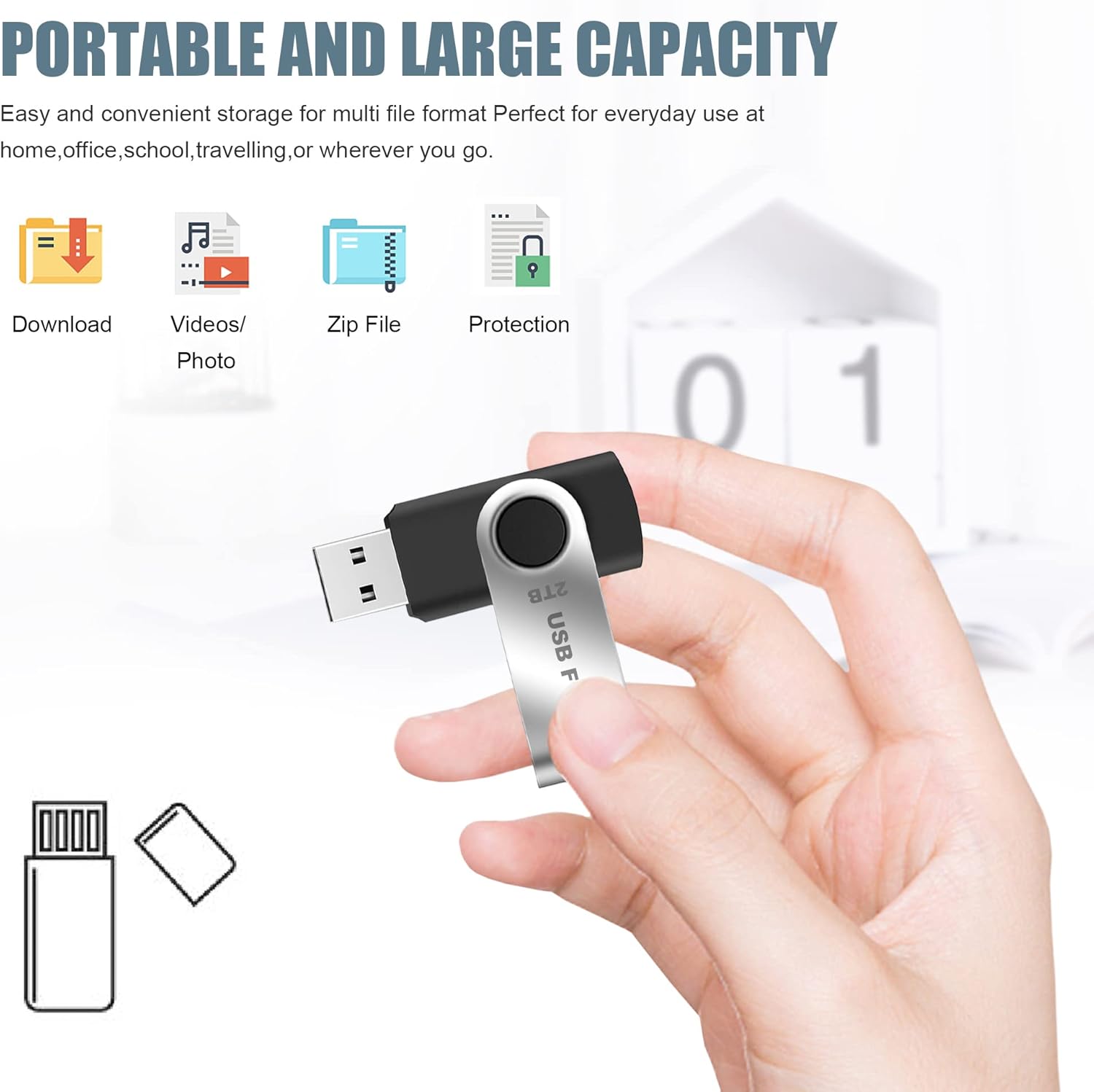 2TB USB Flash Drive - USB Thumb Flash Drive 2TB Memory Stick Portable Fold Swivel Cover Thumb Drives USB Storage Topsharp High Speed USB Drive Pack of 2