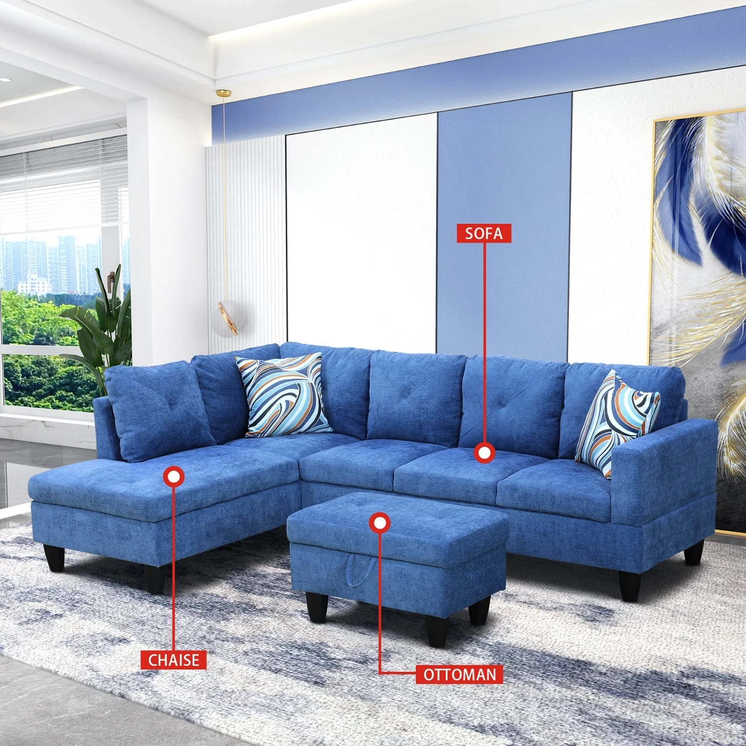 Dubbin Blue Linen 2-Piece Living Room Sofa Set