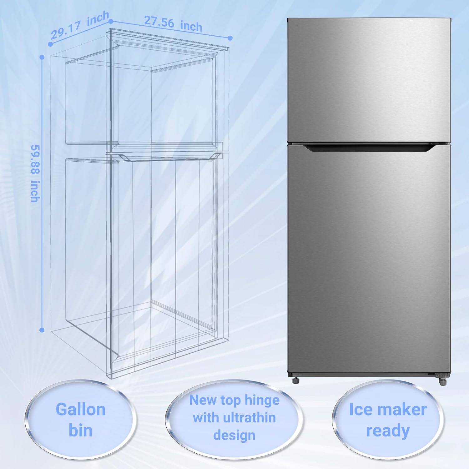 SMETA Refrigerator 14.2 Cu Ft Counter Depth Refrigerators with Top Freezer, Apartment Kitchen Full Size Fridge 30 Inch, Upright Top Mount Garage Refrigerators, Double Door, Frost Free, Ice Maker Ready