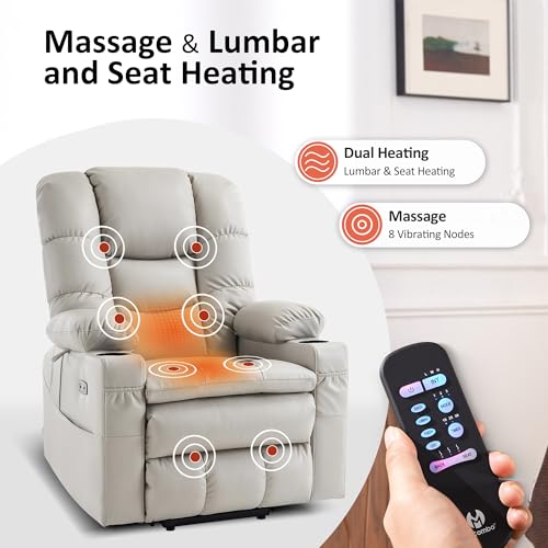 MCombo Large Triple Motor Power Lift Recliner Chair with Massage and Dual Heating, Adjustable Headrest for Tall Elderly People, Faux Leather 7634 (Dark Brown, Large)