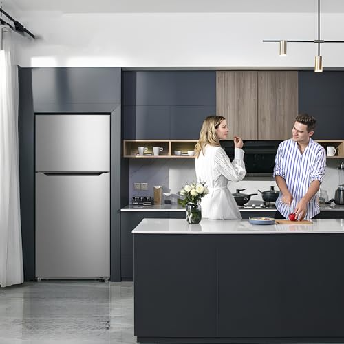 Refrigerator with Freezer, Top Freezer Apartment Size Refrigerator, Full Size Refrigerator, Stainless Steel Fridge, 2 Door Fridges with Adjustable Thermostat Control, for Bedroom