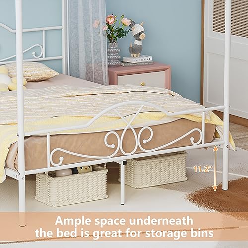 Weehom Full Canopy Bed Frame with Headboard and Footboard, Four-Poster Metal Canopied Platform Bed Mattress Foundation Underbed Storage Space No Box Spring Needed for Girls Adults Pink