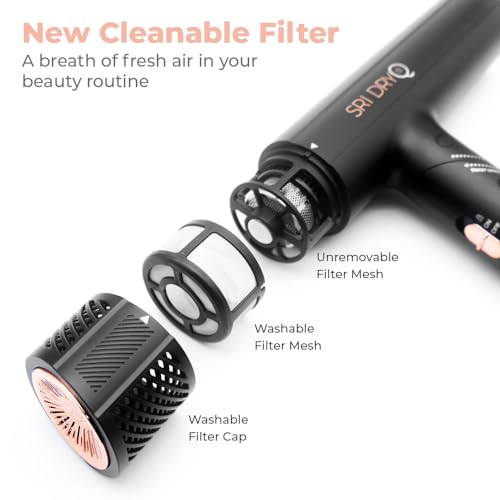DryQ Smart Hair Dryer from SRI | Infrared and Ionic Technology - Lightweight + Foldable - Powerful + Quiet - 3 Magnetic Attachments - Heat Control with Locking Switch