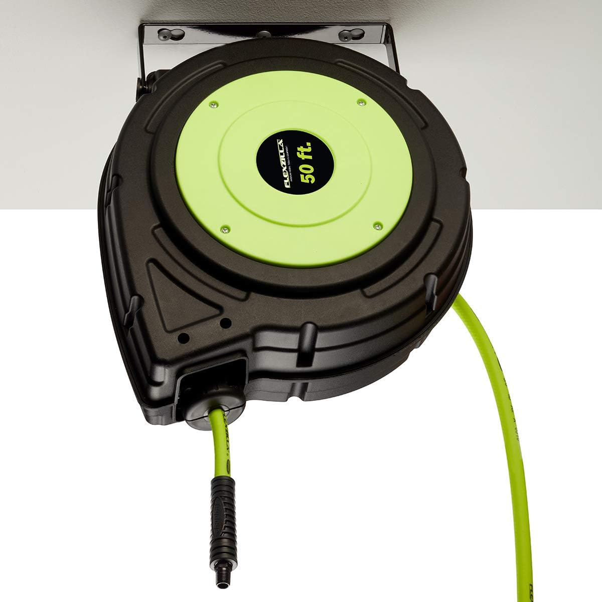 Flexzilla Retractable Enclosed Plastic Air Hose Reel, 3/8 in. x 50 ft, Heavy Duty, Lightweight, Hybrid, ZillaGreen - L8250FZ