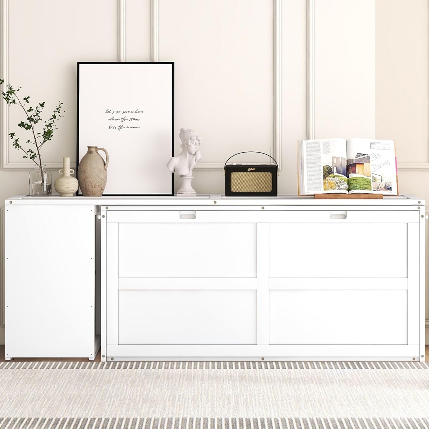 BOVZA Queen Size Murphy Bed with Rotable Desk and Storage Drawers, Cube Cabinet Bedframe for Small Spaces, White