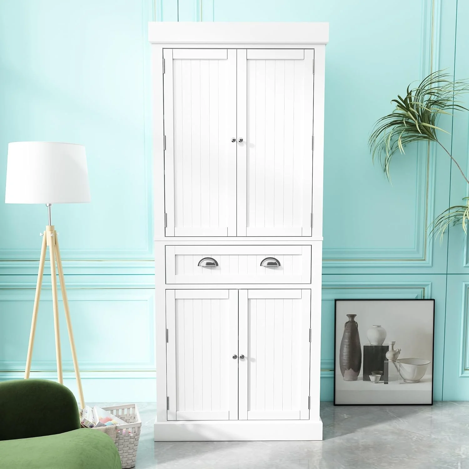 ChVans 72" Tall Kitchen Pantry with 4 Doors, Storage Cabinet with 1 Large Drawer 6 Hanging Shelves, Freestanding Cupboard for Dining Room Living Room(White)