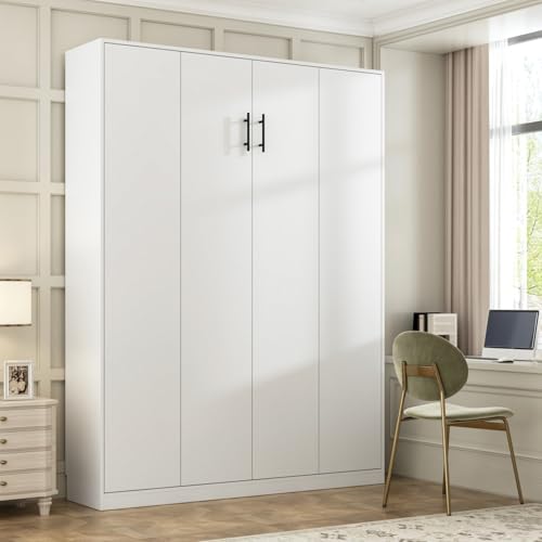 Queen Size Murphy Wall Bed, Modern Space-Saving Murphy Bed Cabinet Foldable Platform Bedframe for Guest Room Home Office, White 87.1”L x 64.6”W x 85.6”H