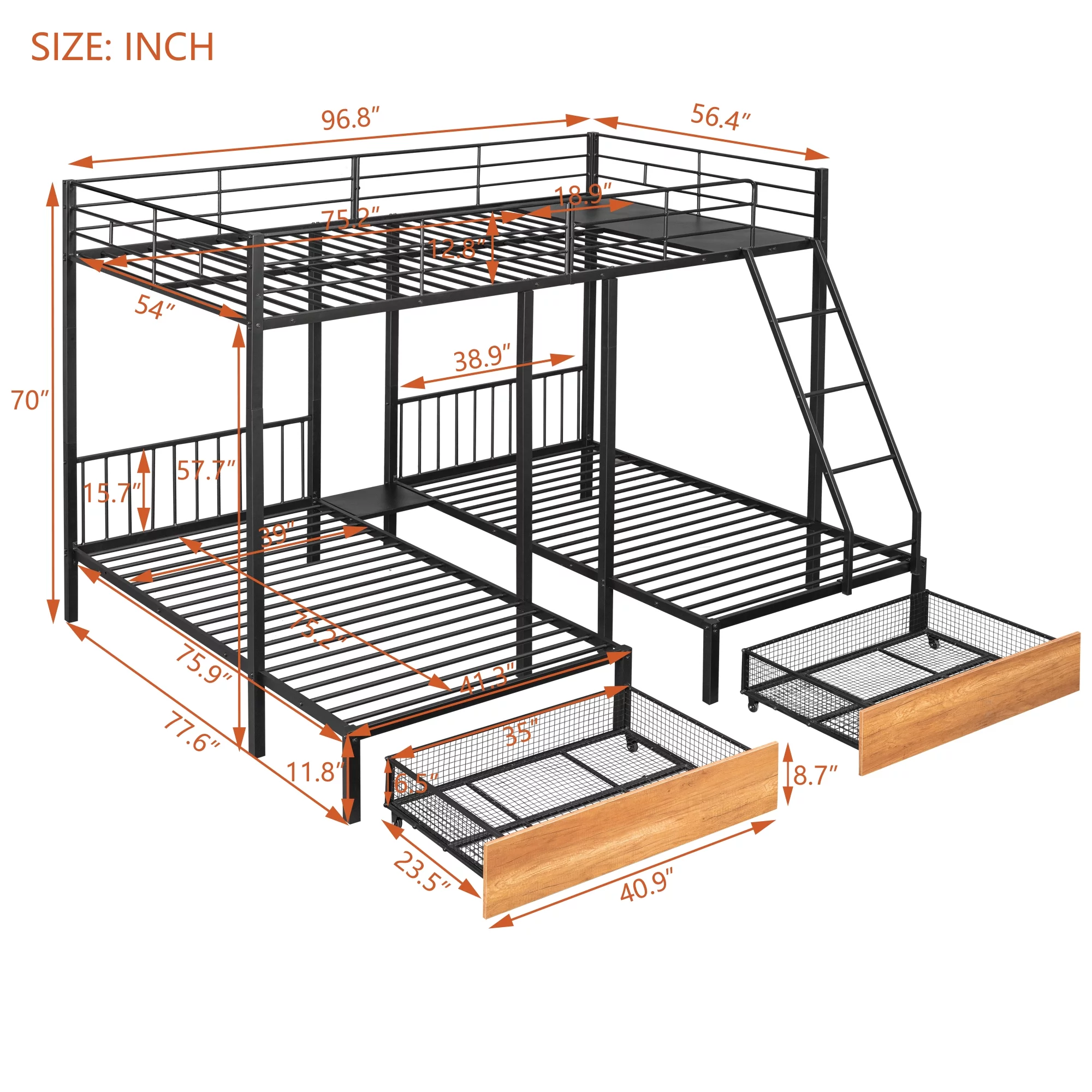 Metal Triple Bunk Beds, BTMWAY Triple Full Bunk Bed for Kids Teens Adults, Full Over Twin Over Twin Bunk Bed with Drawers and Guardrails, Can be Separated into 3 Beds with Headboard, Black