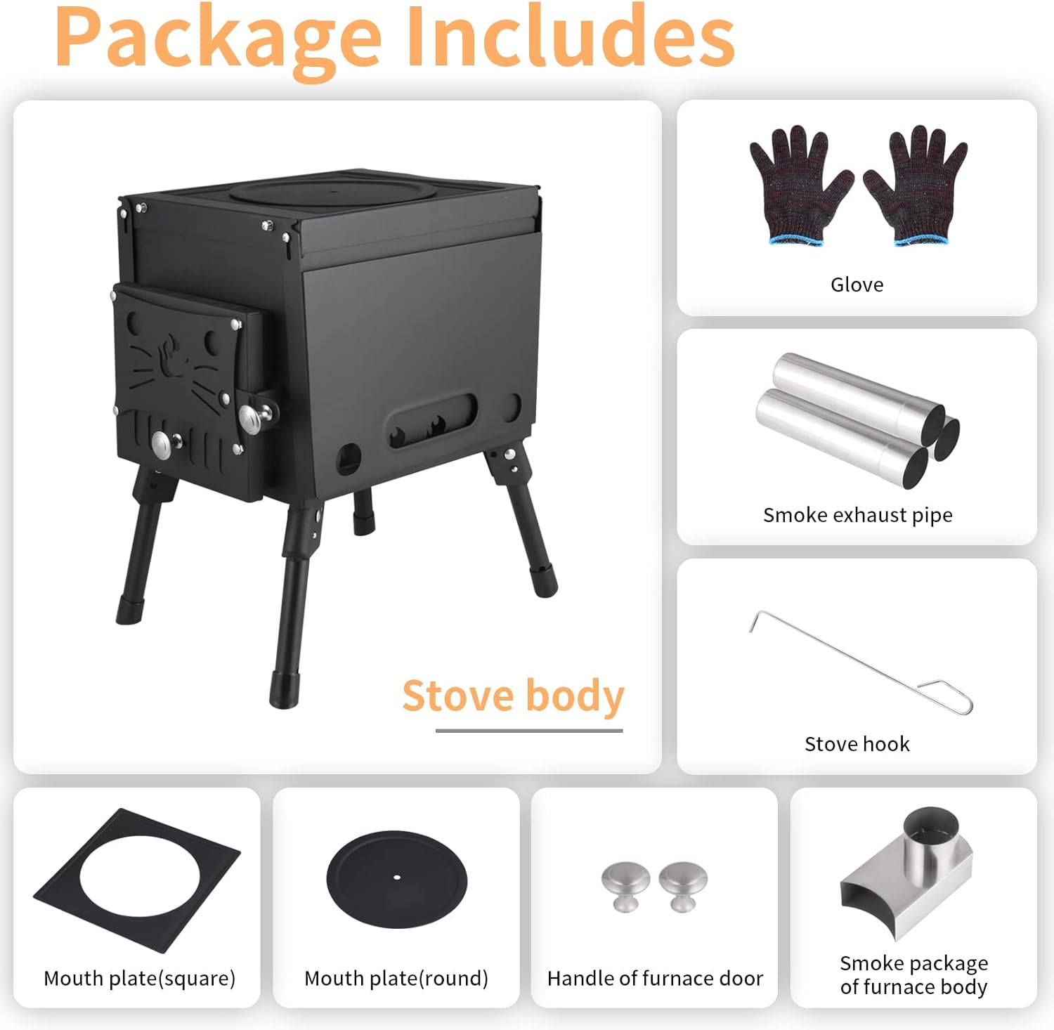 Portable Wood Burning Stove, Hot Tent Stove with Chimney Pipe, Outdoor Camping Wood Stove for Tent, Shelter, Heating and Cooking
