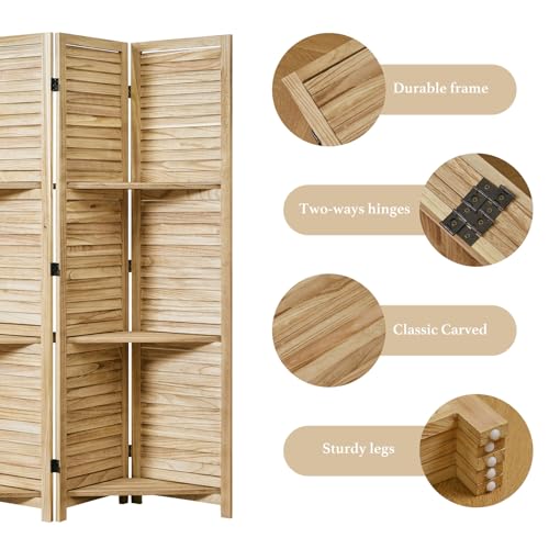 Room Divider with Shelves, 5.6 Ft Tall Folding Wood Screen with Double Hinges for Home Office Bedroom Hotel Decoration (6 Panels, Brown)