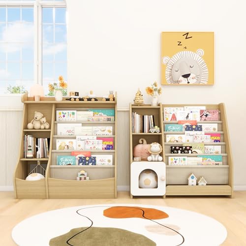 Montessori Kids Bookshelf, 5 Sling Baby Bookcase, 4 Tier Display Shelves, Wooden Book Rack, Toddler Toy Storage Organizer Cabinet, Floor Children Bookshelf Nursery Playroom Bedroom Library, Natural