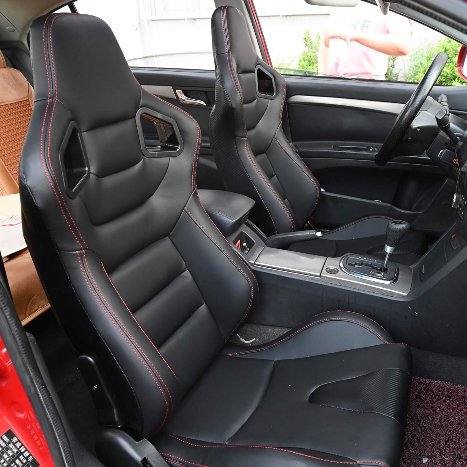 Racing Seats, Pair of PVC Leather Racing Bucket Seats with Dual Sliders, Black with Black Stitching
