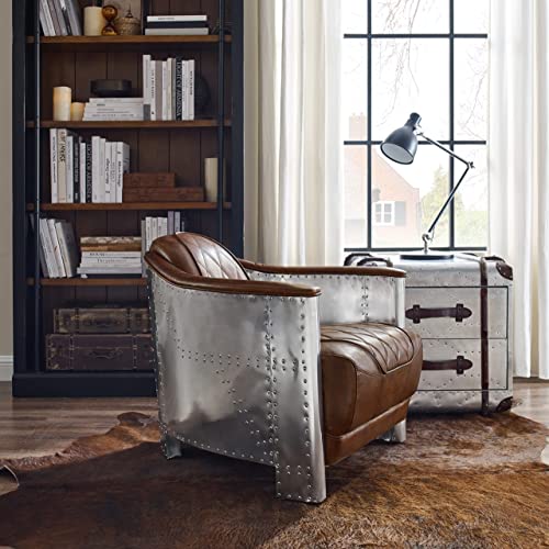 Volans Mid Century Modern Genuine Leather Accent Arm Chair with Vintage Aluminum Patchwork, Lightbrown
