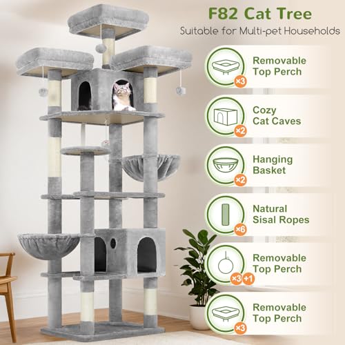 Globlazer Cat Trees and Towers for Multiple Adult Cats, 82-inch XXL Tall Cat Tree Tower for Indoor Cats with Scratching Post, 3 Perches, 2 Condos, 2 Hanging Baskets, F82, Light Grey