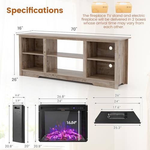 COSTWAY Electric Fireplace TV Stand for TVs up to 75 Inches, 1500W Heater Insert with Remote Control, 3 Flame Colors, 70-inch Wooden Entertainment Center with Adjustable Shelves, Black