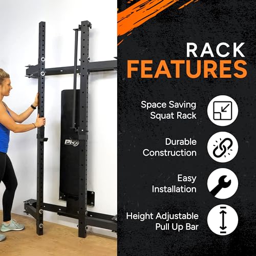 PRx Performance Wall Mounted Folding Power Squat Rack - Heavy Duty Adjustable Pull Up Bar, Space Saving Home Gym Equipment with Durable J-Cups, Ideal for Weight Lifting and Strength Training - Black