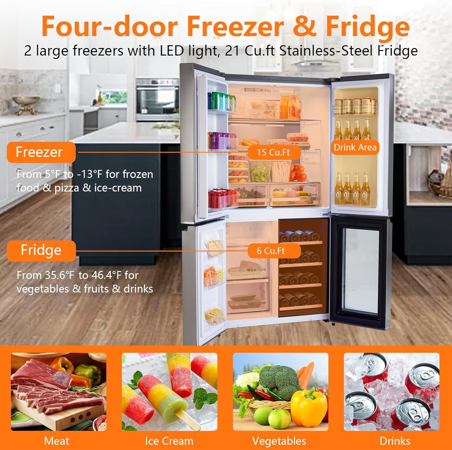 36 Inch French Door Refrigerator, 21 Cu.Ft. Counter Depth Refrigerator Bottom Freezer with Wine Cabinet, Stainless Steel 4 Doors Fridges Kitchen Freezer, Dual Ice Maker, Adjustable Shelves