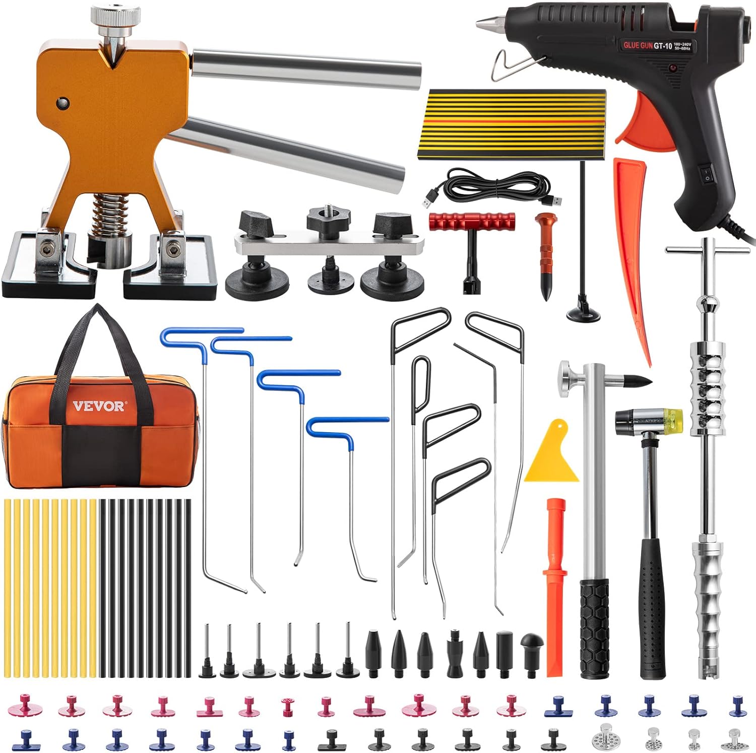 VEVOR Paintless Dent Removal Rods, 68 PCS Paintless Dent Repair Tools, 10 PCS Stainless Steel Rods Car Dent Repair Kit, Glue Puller Tabs Dent Puller Kit for Auto Dent Removal, Minor Dents, Door Dings