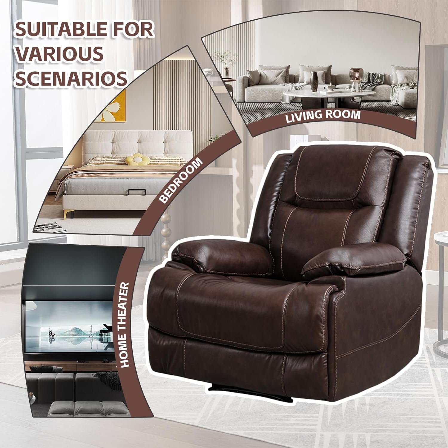 Genuine Leather Manual Recliner, Classic Traditional Reclining Chair with Overstuffed Back and Arm, Single Sofa Recliner Chair for Living Room, Bedroom, Home Theater (Brown)