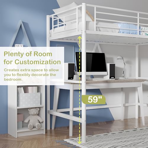 VECELO Metal Loft Bed Twin Size, Heavy Duty Bedframe with Removable Ladder and Safety Guardrail, Space-Saving, Noise Free, No Box Spring Needed, Off White