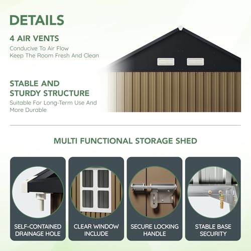10X12X7.5 FT Outdoor Steel Storage Shed with Lockable Doors, 2 Windows, Transparent Roof Panels (Wood Panels & Frame Floor Not Included), Ideal for Patio Storage,Garbage Can, Chicken Coop，Brown