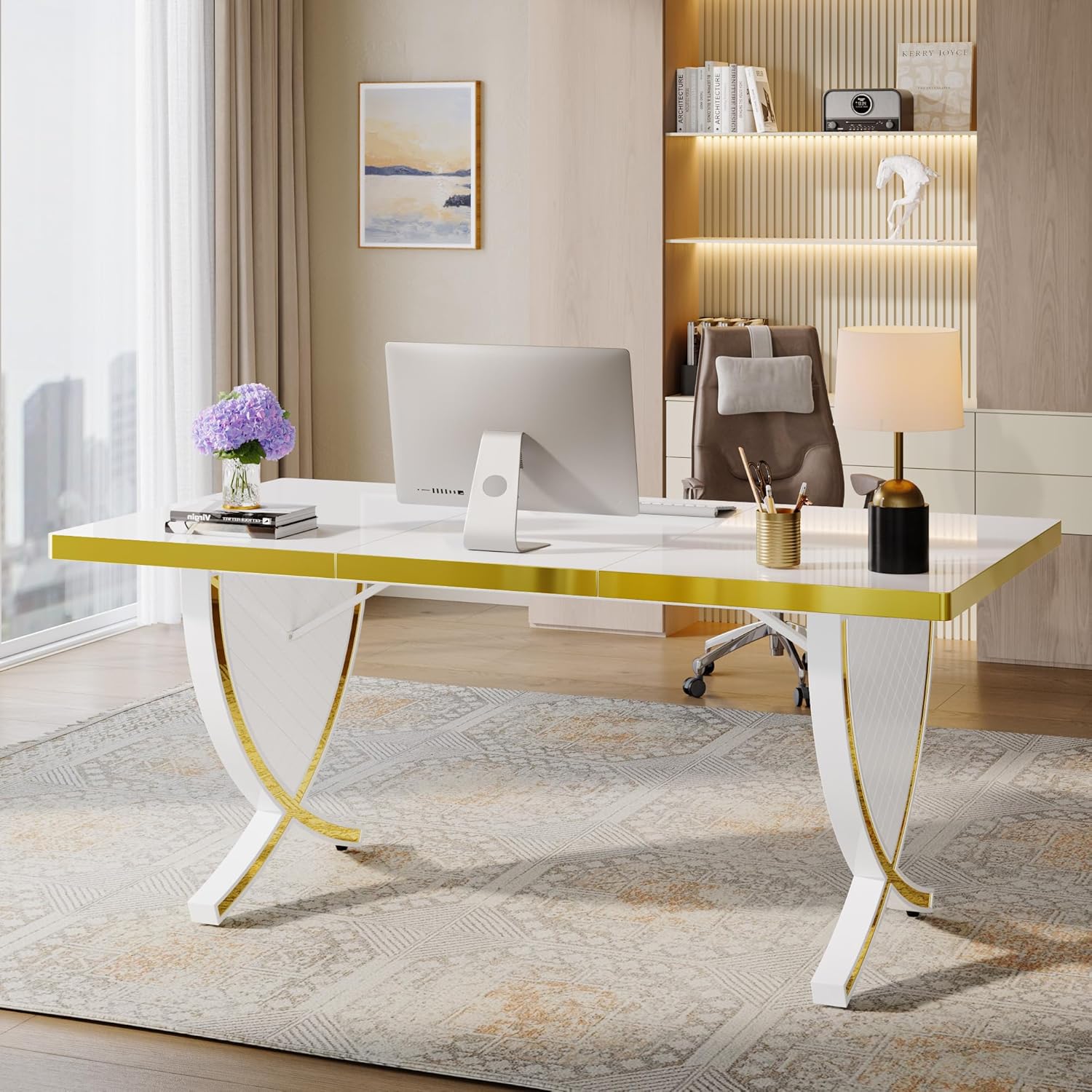 Tribesigns 63" Modern Executive Desk, Large Office Desk with Thickened Frame, Glossy Computer Desk Writing Desk Study Table for Home Office, White & Gold
