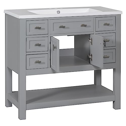 22" Small Bathroom Vanity with Sink, White Bathroom Vanity Cabinet with Ceramic Vessel Sink & Left Side Storage, Single Sink Bathroom Vanity with Top, Freestanding Bathroom Sink and Cabinet Combo Set