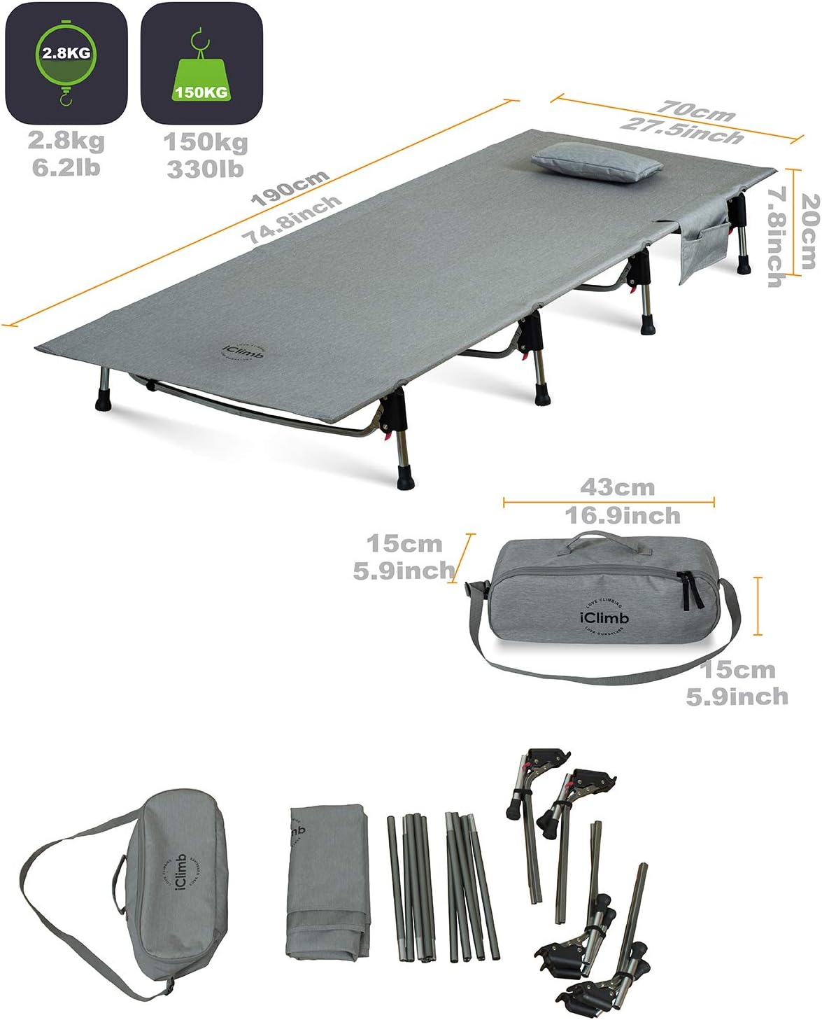 iClimb Super Easy Assemble Folding Cot Ultralight Compact Heavy Duty with Carry Bag for Adults Camping Backpacking