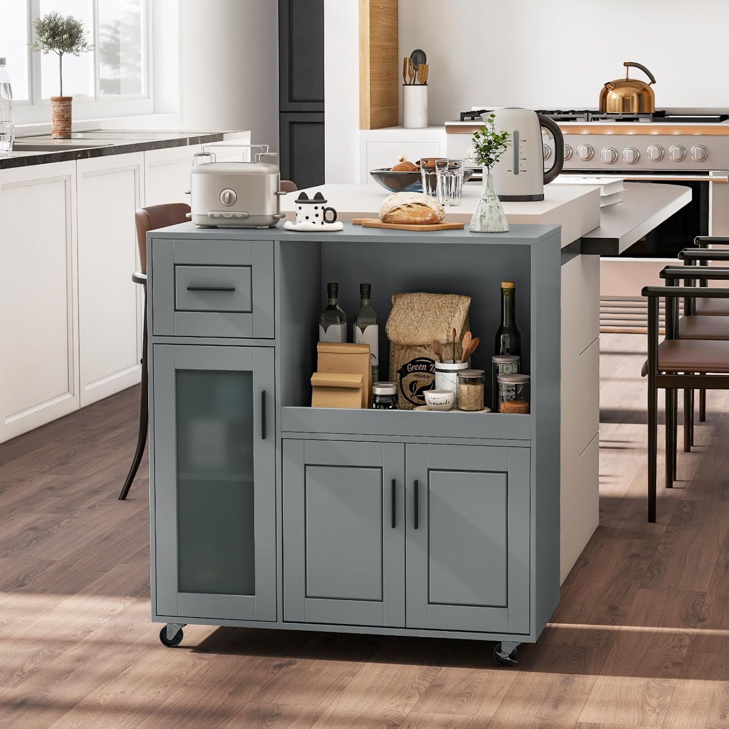 Giantex Kitchen Island with Storage, Mobile Kitchen Cart with Wheels, Tempered Glass Door, Drawer, 3-Level Adjustable Shelf, Microwave Storage Cabinet, Coffee Cart Station for Dining Room, Grey