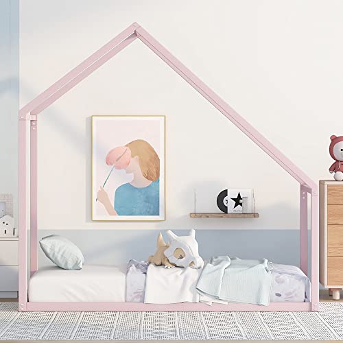 Merax Kids Metal Montessori Day Beds with Trundle Twin, Platform Bed Frame for Kids,Boys,Girls, No Box Spring Need, Space Saving(Twin, White)