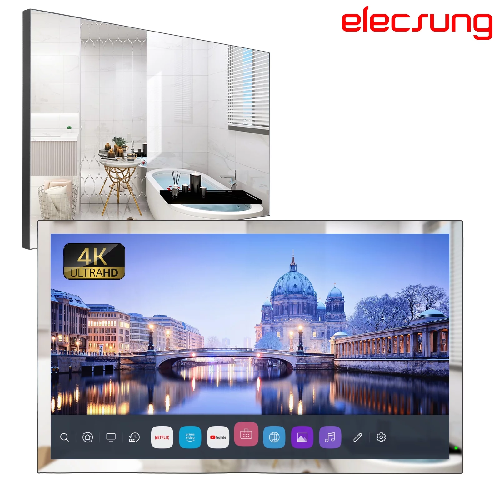 Elecsung 32 inch Smart 4K TV Mirror for Bathroom Electric webOS IP65 Waterproof WiFi Bluetooth Voice Control Spa 2024 - Curated Treasures Market