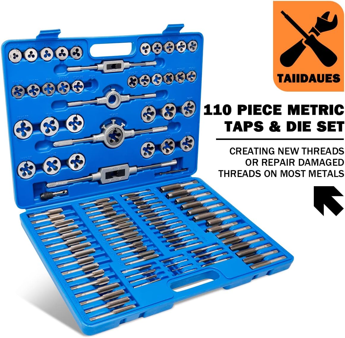 Taiidaues 110 Piece Hardened Alloy Steel Metric Tap And Die Threading Tool Set, SAE Standard Metric Tap Die Set for Cutting External and Internal Threads - With Storage Case