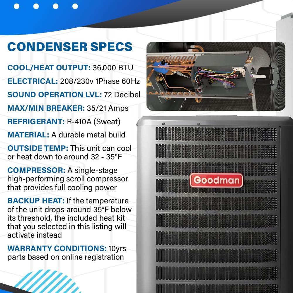 Goodman 14.3 SEER2 3 Ton Heat Pump Split System w/ 15kW Backup Heat Kit | Downflow, Upflow, or Horizontal Air Electric Handler w/Thermostat | Single Stage Condenser
