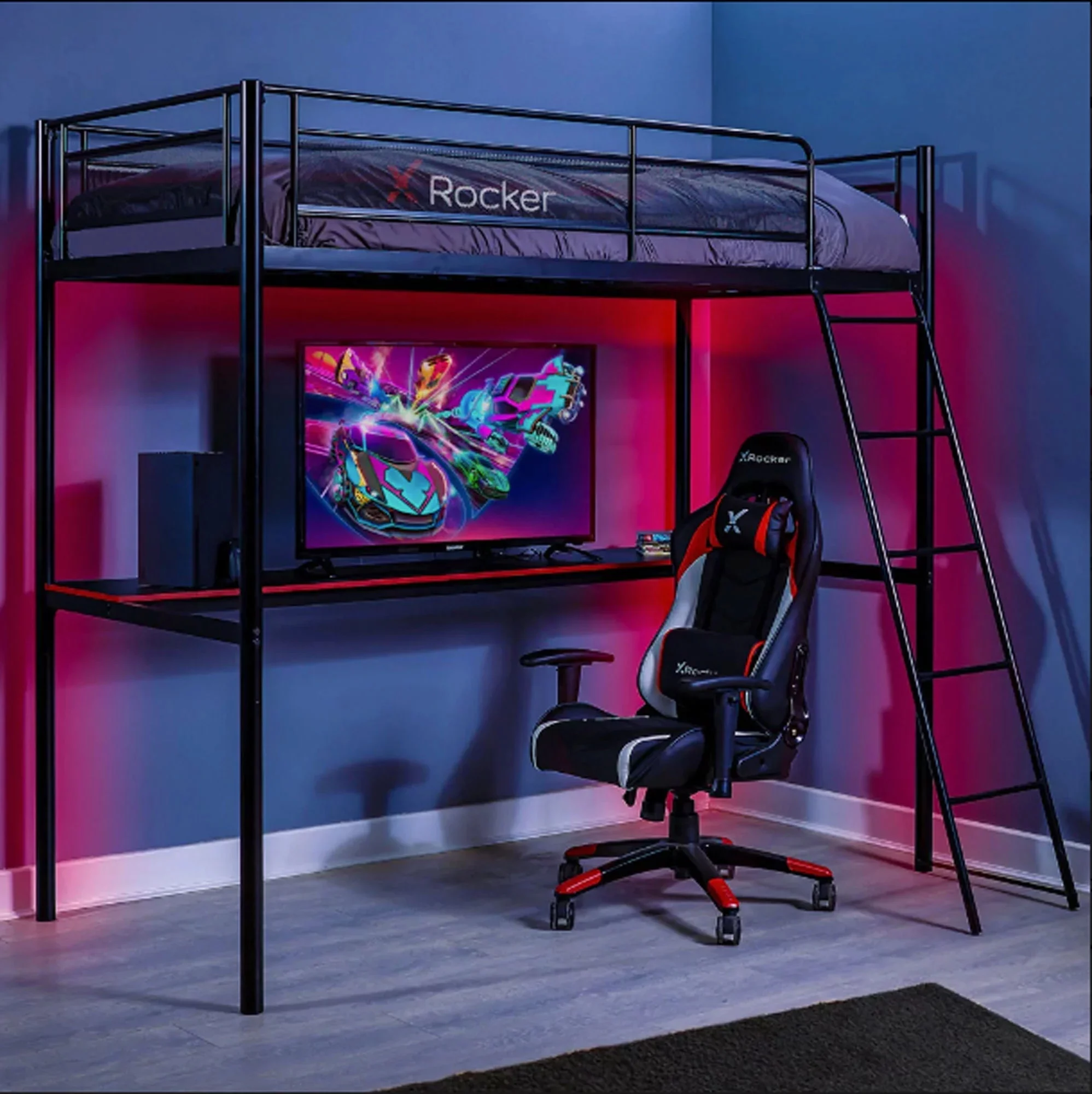 X Rocker HQ Gaming Bunk Bed with Built-In Shelving, Black, Twin