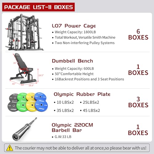 L05/07 Smith Machine，Multi-Function Squat Rack Power Cage with Cable Crossover System,with Weight Bench, Olympic Barbell Weight Set, for Home Gym