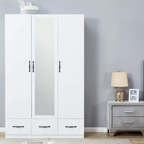 74" H 3 Doors 2 Drawers White Bedroom Wardrobe Armoire Closet Freestanding Clothes Storage Armoire Organizer with Hanging Rod Shelves Clothes Cabinet for Bathrooms Clothes Storage