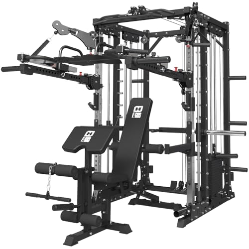 FAGUS Commercial Smithe Machine with 308lb Dual Weight Stacks, 4000LBS Power Cage Squat Rack with Lever Arm & Leg Press, Multi-Function Linear Bearing Cable Crossover Machine for Home Gym