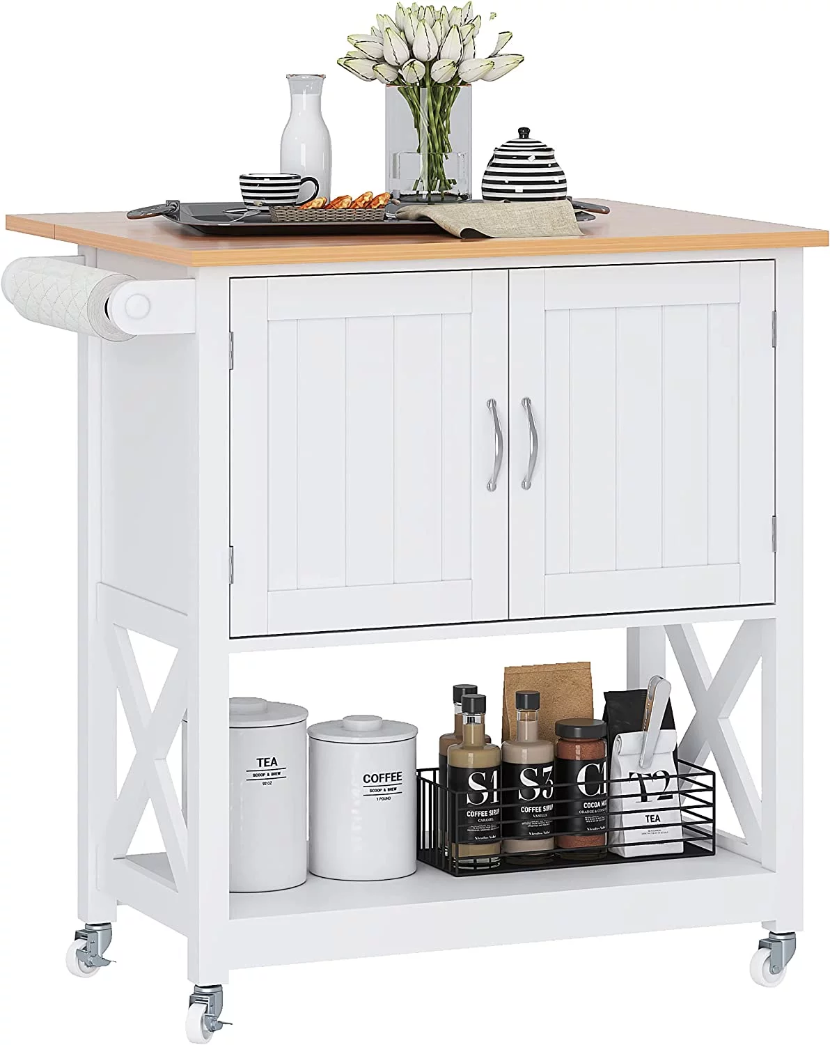 Spirich Home Kitchen Island on Wheels, Rolling Cart with Storage Cabinet, Small Kitchen Island with Drop Leaf and Towel Rack for Dining Room, White