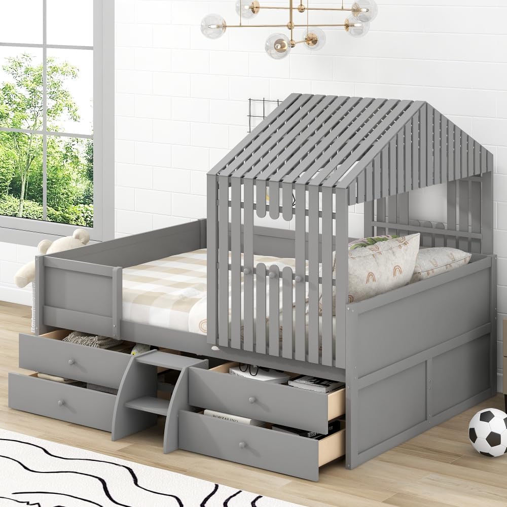 Full Size House Low Loft Bed with Four Drawers,Gray 2-Numbers of Package Pine+MDF 350Lb 10pcs 77.8" L*57.6" W*60" H Wood GX001806AAE-1
