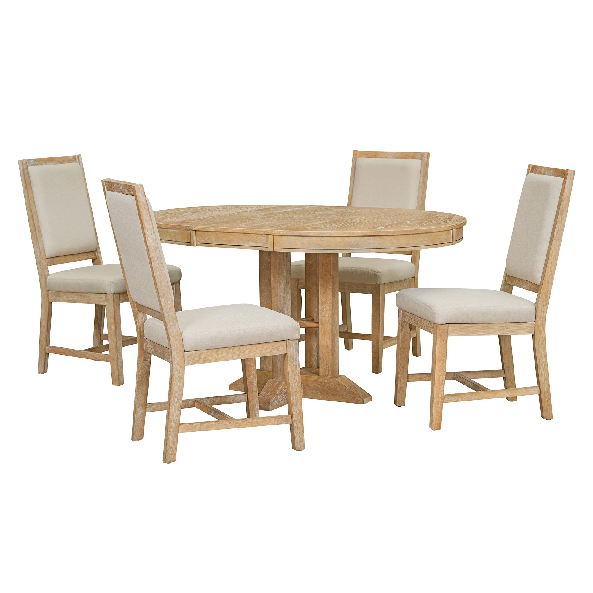 Nestfair  5-Piece Dining Set with Extendable Round Table and 4 Upholstered Chairs Natural Wood Wash
