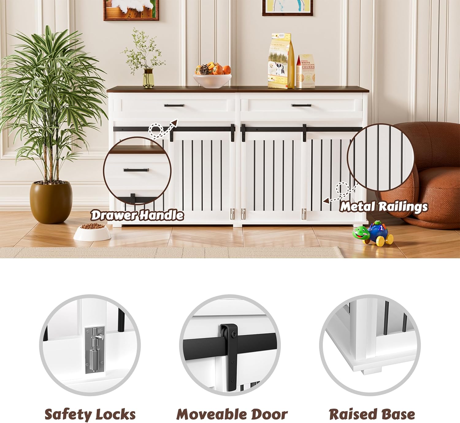 VEIKOU Dog Crate Furniture with 2 Storage Drawers, 2-in-1 Double Dog Kennel Furniture for Large Medium Small Dogs, Wooden Dog House Indoor with Removable Divider, Wide Tabletop for TV Stand, White