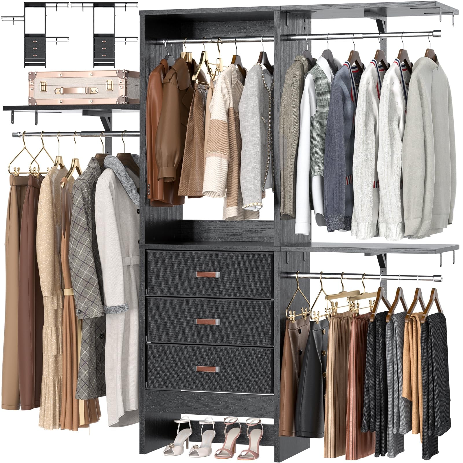 Homieasy 5FT Closet System with 3 Fabric Drawers, 60'' Walk In Closet Organizer System With 3 Adjustable Shelves, Heavy Duty Clothes Rack Built-In Garment Rack, 59" L x 16" W x 71"H, Black