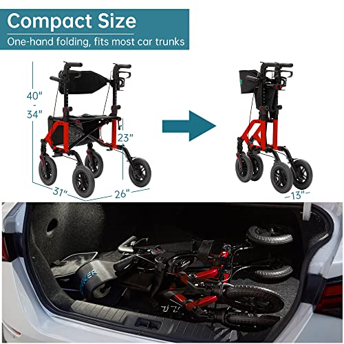 ELENKER All-Terrain 2 in 1 Rollator Walker & Transport Chair, Folding Wheelchair with 10” Non-Pneumatic Wheels for Seniors, Reversible Backrest & Detachable Footrests, Blue