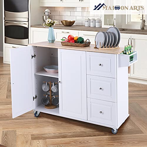 MAISON ARTS Storage Kitchen Island with Drop Leaf on Wheels Rolling Kitchen Cart with 2 Doors & 3 Drawers Rubber Wood Countertop, Grey