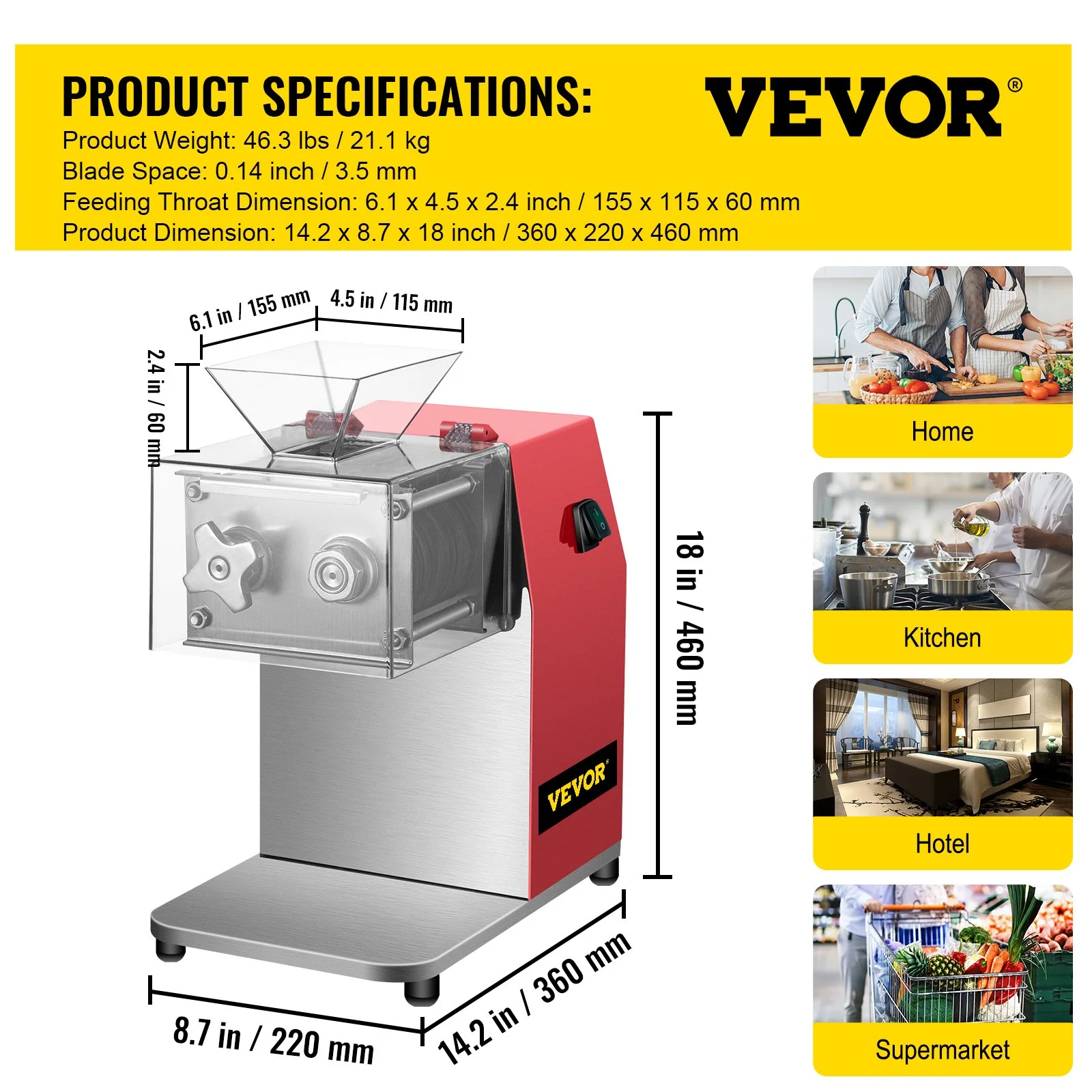 VEVOR 850W Commercial Meat Cutter, 551 Lbs/H Capacity with 3.5mm Blade, Electric Stainless Steel Food Cutter for Lamb, Beef, Chicken - Ideal for Kitchens & Supermarkets, Red