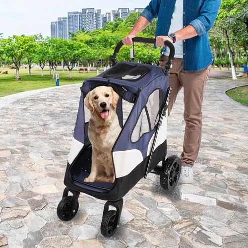 4 Wheels Folding Pet Strolling Cart with Storage Bag, Pet Stroller for Medium Large Dog with Adjustable Handle, Travel Jogger Pet Stroller with Mesh Skylight